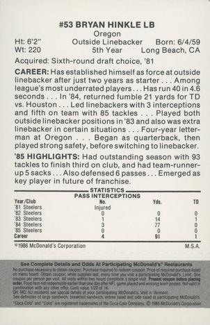 1986 McDonald's Pittsburgh Steelers - Full Game Pieces - Week 2 Black/Gray Tab #NNO Bryan Hinkle Back