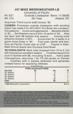 1986 McDonald's Pittsburgh Steelers - Full Game Pieces - Week 2 Black/Gray Tab #NNO Mike Merriweather Back