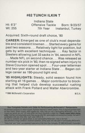 1986 McDonald's Pittsburgh Steelers - Full Game Pieces - Week 2 Black/Gray Tab #NNO Tunch Ilkin Back