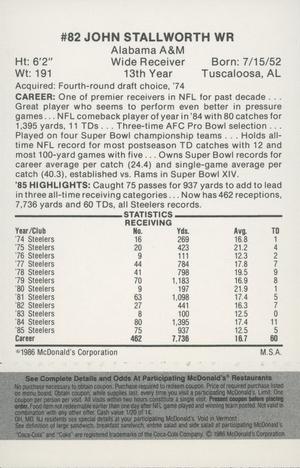 1986 McDonald's Pittsburgh Steelers - Full Game Pieces - Week 2 Black/Gray Tab #NNO John Stallworth Back