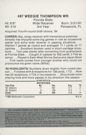 1986 McDonald's Pittsburgh Steelers - Full Game Pieces - Week 2 Black/Gray Tab #NNO Weegie Thompson Back