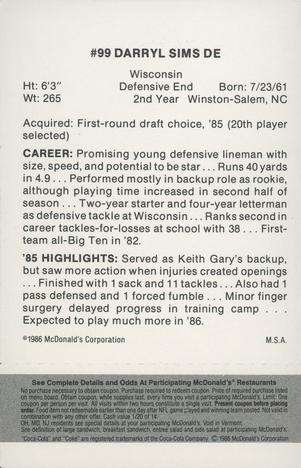 1986 McDonald's Pittsburgh Steelers - Full Game Pieces - Week 2 Black/Gray Tab #NNO Darryl Sims Back