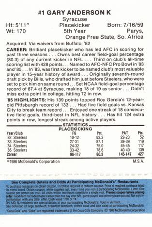 1986 McDonald's Pittsburgh Steelers - Full Game Pieces - Week 1 Blue Tab #NNO Gary Anderson Back