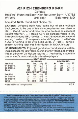 1986 McDonald's Pittsburgh Steelers - Full Game Pieces - Week 1 Blue Tab #NNO Rich Erenberg Back