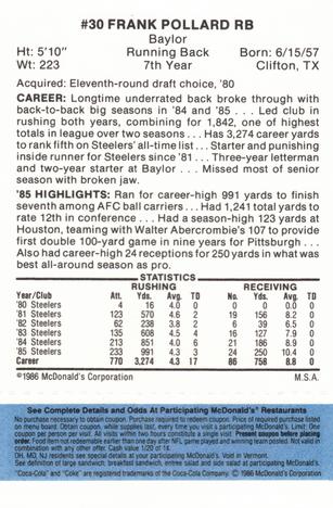 1986 McDonald's Pittsburgh Steelers - Full Game Pieces - Week 1 Blue Tab #NNO Frank Pollard Back