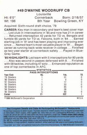 1986 McDonald's Pittsburgh Steelers - Full Game Pieces - Week 1 Blue Tab #NNO Dwayne Woodruff Back