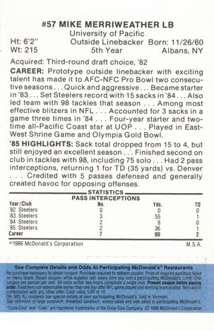 1986 McDonald's Pittsburgh Steelers - Full Game Pieces - Week 1 Blue Tab #NNO Mike Merriweather Back
