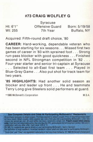 1986 McDonald's Pittsburgh Steelers - Full Game Pieces - Week 1 Blue Tab #NNO Craig Wolfley Back