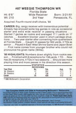 1986 McDonald's Pittsburgh Steelers - Full Game Pieces - Week 1 Blue Tab #NNO Weegie Thompson Back