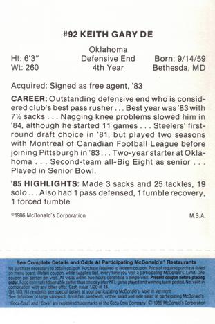 1986 McDonald's Pittsburgh Steelers - Full Game Pieces - Week 1 Blue Tab #NNO Keith Gary Back