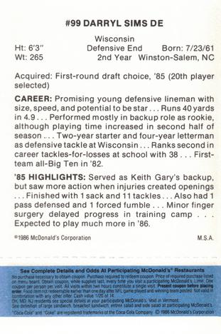 1986 McDonald's Pittsburgh Steelers - Full Game Pieces - Week 1 Blue Tab #NNO Darryl Sims Back