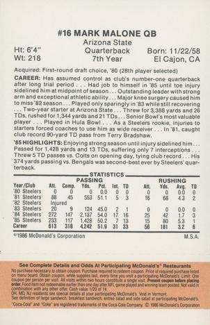 1986 McDonald's Pittsburgh Steelers - Full Game Pieces - Week 3 Gold/Orange Tab #NNO Mark Malone Back