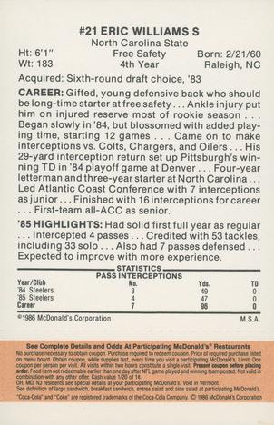 1986 McDonald's Pittsburgh Steelers - Full Game Pieces - Week 3 Gold/Orange Tab #NNO Eric Williams Back