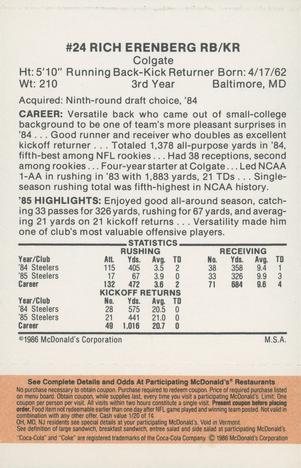 1986 McDonald's Pittsburgh Steelers - Full Game Pieces - Week 3 Gold/Orange Tab #NNO Rich Erenberg Back