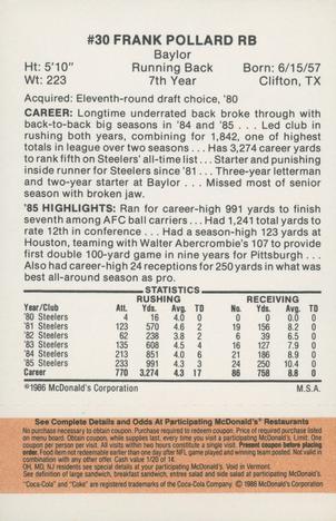 1986 McDonald's Pittsburgh Steelers - Full Game Pieces - Week 3 Gold/Orange Tab #NNO Frank Pollard Back