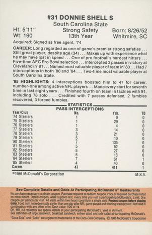 1986 McDonald's Pittsburgh Steelers - Full Game Pieces - Week 3 Gold/Orange Tab #NNO Donnie Shell Back