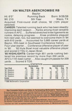 1986 McDonald's Pittsburgh Steelers - Full Game Pieces - Week 3 Gold/Orange Tab #NNO Walter Abercrombie Back
