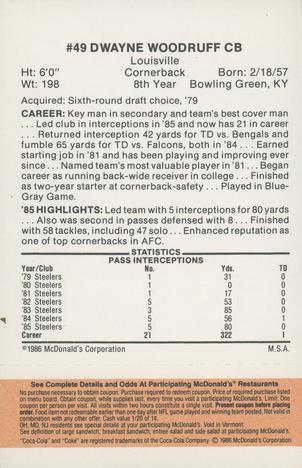1986 McDonald's Pittsburgh Steelers - Full Game Pieces - Week 3 Gold/Orange Tab #NNO Dwayne Woodruff Back