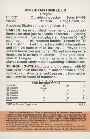 1986 McDonald's Pittsburgh Steelers - Full Game Pieces - Week 3 Gold/Orange Tab #NNO Bryan Hinkle Back