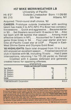 1986 McDonald's Pittsburgh Steelers - Full Game Pieces - Week 3 Gold/Orange Tab #NNO Mike Merriweather Back