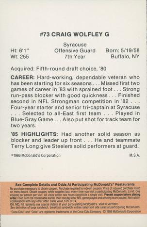1986 McDonald's Pittsburgh Steelers - Full Game Pieces - Week 3 Gold/Orange Tab #NNO Craig Wolfley Back