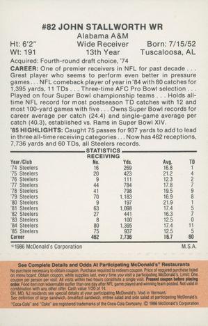 1986 McDonald's Pittsburgh Steelers - Full Game Pieces - Week 3 Gold/Orange Tab #NNO John Stallworth Back