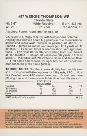 1986 McDonald's Pittsburgh Steelers - Full Game Pieces - Week 3 Gold/Orange Tab #NNO Weegie Thompson Back