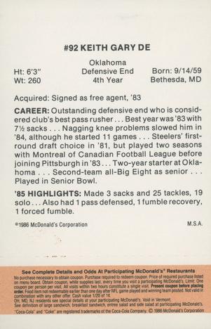 1986 McDonald's Pittsburgh Steelers - Full Game Pieces - Week 3 Gold/Orange Tab #NNO Keith Gary Back