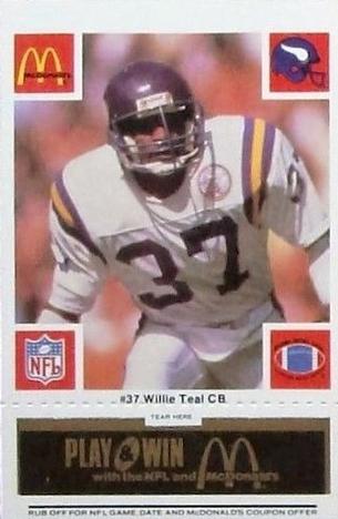 1986 McDonald's Minnesota Vikings - Full Game Pieces - Week 2 Black/Gray Tab #NNO Willie Teal Front