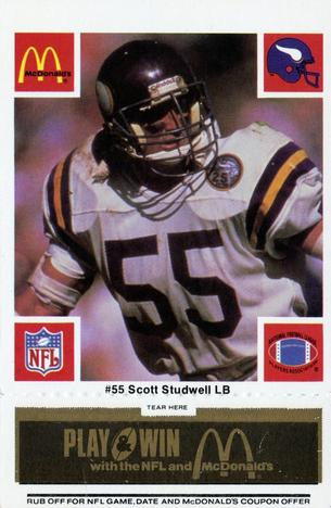 1986 McDonald's Minnesota Vikings - Full Game Pieces - Week 2 Black/Gray Tab #NNO Scott Studwell Front