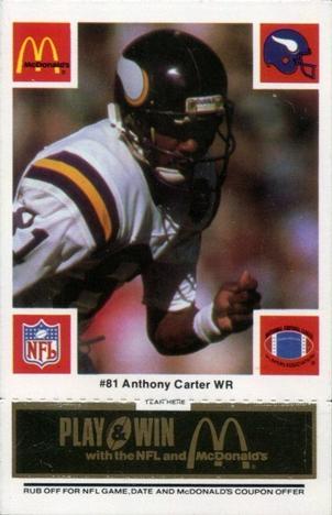 1986 McDonald's Minnesota Vikings - Full Game Pieces - Week 2 Black/Gray Tab #NNO Anthony Carter Front