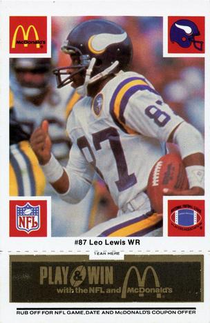 1986 McDonald's Minnesota Vikings - Full Game Pieces - Week 2 Black/Gray Tab #NNO Leo Lewis Front