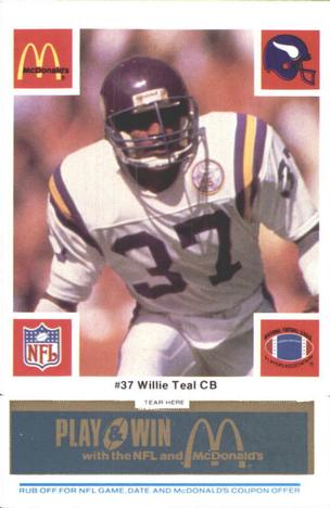 1986 McDonald's Minnesota Vikings - Full Game Pieces - Week 1 Blue Tab #NNO Willie Teal Front