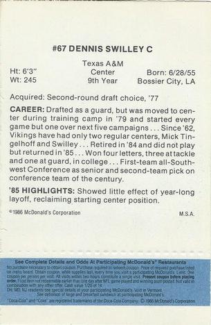 1986 McDonald's Minnesota Vikings - Full Game Pieces - Week 1 Blue Tab #NNO Dennis Swilley Back