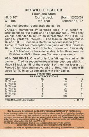 1986 McDonald's Minnesota Vikings - Full Game Pieces - Week 3 Gold/Orange Tab #NNO Willie Teal Back