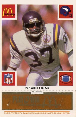 1986 McDonald's Minnesota Vikings - Full Game Pieces - Week 3 Gold/Orange Tab #NNO Willie Teal Front