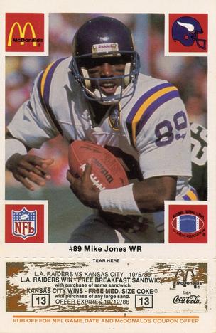 1986 McDonald's Minnesota Vikings - Full Game Pieces - Week 3 Gold/Orange Tab #NNO Mike Jones Front
