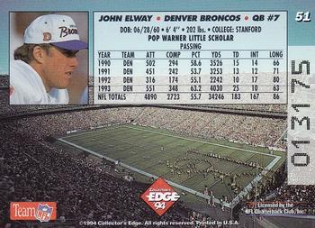 JOHN ELWAY 1994 COLLECTORS EDGE NFL TRADING CARD #51 POP WARNER