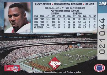 1994 Collector's Edge - Pop Warner Bronze #195 Ricky Ervins Back