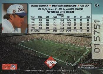 1994 Collector's Edge - Pop Warner 22K Gold #51 John Elway Back