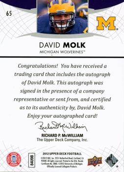 2012 Upper Deck - Rookie Autographs #65 David Molk Back