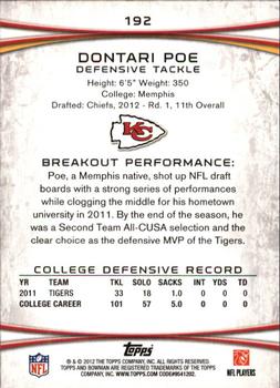 2012 Bowman #192 Dontari Poe Back