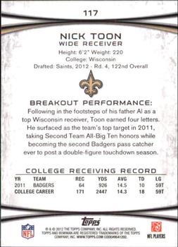 2012 Bowman #117 Nick Toon Back