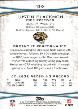 2012 Bowman #130 Justin Blackmon Back