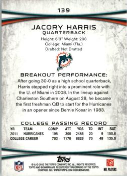 2012 Bowman #139 Jacory Harris Back