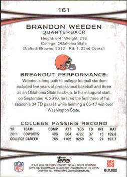 2012 Bowman #161 Brandon Weeden Back