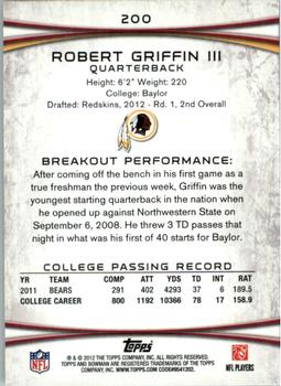 2012 Bowman #200 Robert Griffin III Back