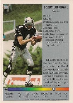 1992 Ultimate WLAF #102 Bobby Lilljedahl Back