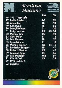 1992 Ultimate WLAF #93 Montreal Machine Checklist Front