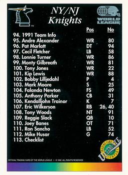 1992 Ultimate WLAF #113 NY/NJ Knights Checklist Front